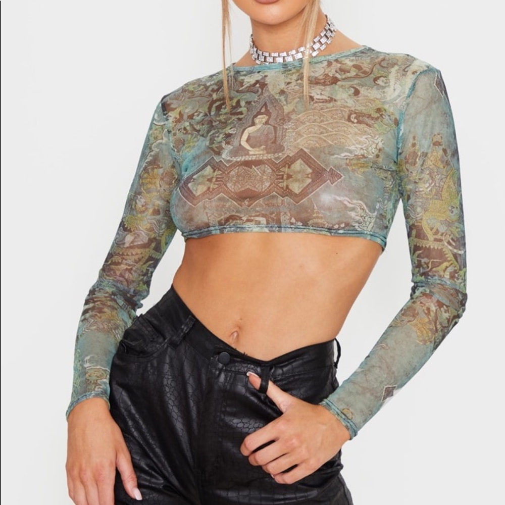 PLT Green Oriental Printed Mesh Long Sleeve Crop